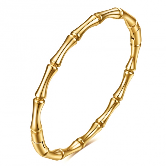 Immagine di 1 Pz Placcatura Sottovuoto Semplice & Casual Semplice Placcato Oro 18K 304 Acciaio Inossidabile Forma di Bambù Liscio Braccialetto Per Donne Festa della Donna 5.7cm Dia.