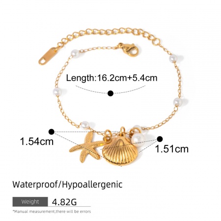 1 Piece Eco-friendly Vacuum Plating Natural Pastoral Ocean Jewelry 18K Real Gold Plated Stainless Steel & Shell Imitation Pearl Link Cable Chain Shell Star Fish Bracelets For Women Party 16cm(6.3") long