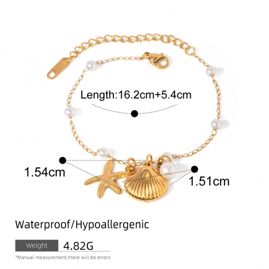 Picture of 1 Piece Eco-friendly Vacuum Plating Natural Pastoral Ocean Jewelry 18K Real Gold Plated Stainless Steel & Shell Imitation Pearl Link Cable Chain Shell Star Fish Bracelets For Women Party 16cm(6.3") long