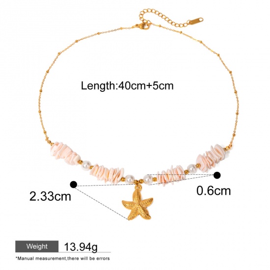 Picture of 1 Piece Hypoallergenic Natural Pastoral Beach 18K Real Gold Plated Pink 304 Stainless Steel & Shell Star Fish Shell Pendant Necklace For Women Party 40cm(15.7") long