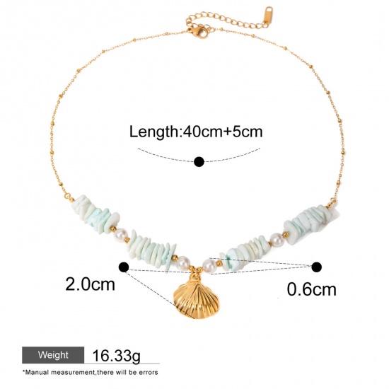 Picture of 1 Piece Hypoallergenic Natural Pastoral Ocean Jewelry 18K Real Gold Plated Mint Green 304 Stainless Steel & Shell Shell Pendant Necklace For Women Party 40cm(15.7") long