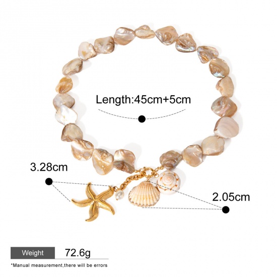 Picture of 1 Piece Hypoallergenic Natural Pastoral Ocean Jewelry 18K Real Gold Plated Coffee 304 Stainless Steel & Shell Star Fish Shell Pendant Necklace For Women Party 45cm(17.7") long