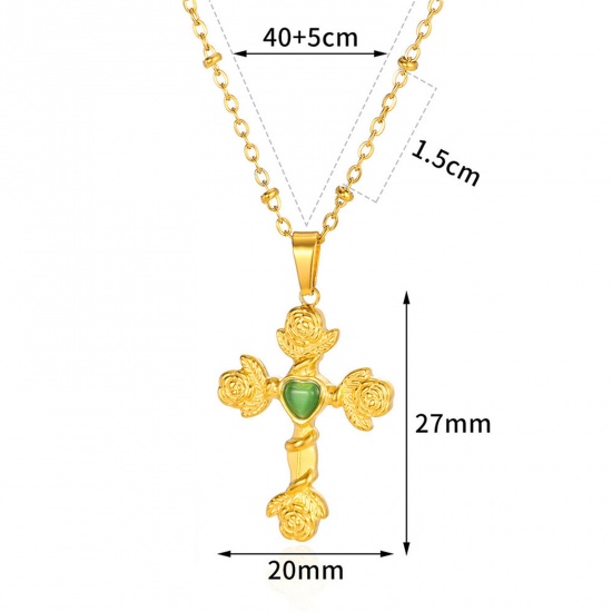 Picture of 1 Piece Vacuum Plating Simple & Casual Religious 18K Gold Plated Green 304 Stainless Steel & Stone Ball Chain Cross Heart Pendant Necklace For Women Party 40cm(15.7") long