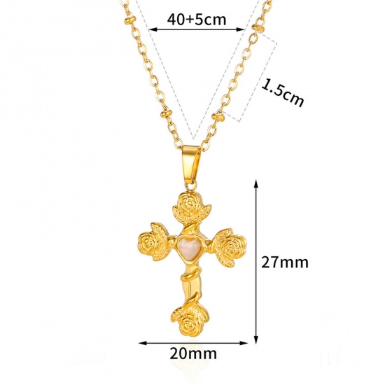 Picture of 1 Piece Vacuum Plating Simple & Casual Religious 18K Gold Plated Pink 304 Stainless Steel & Stone Ball Chain Cross Rose Flower Pendant Necklace For Women Party 40cm(15.7") long