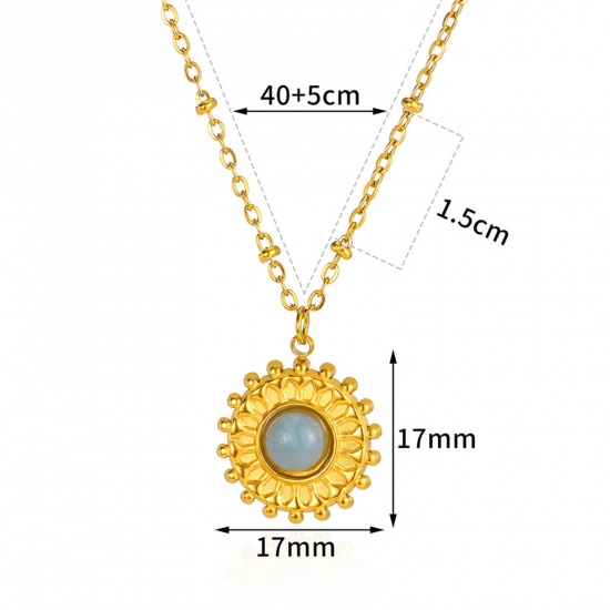 Picture of 1 Piece Vacuum Plating Simple & Casual Stylish 18K Gold Plated Grayish White 304 Stainless Steel & Stone Ball Chain Sunflower Pendant Necklace For Women Party 40cm(15.7") long