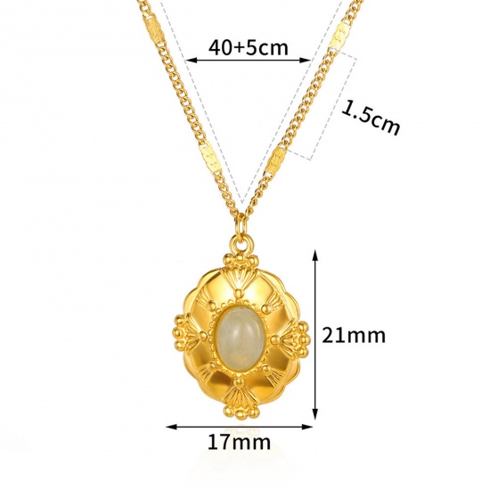 Picture of 1 Piece Vacuum Plating Simple & Casual Stylish 18K Gold Plated Ivory 304 Stainless Steel & Stone Handmade Link Chain Oval Pendant Necklace For Women Party 40cm(15.7") long