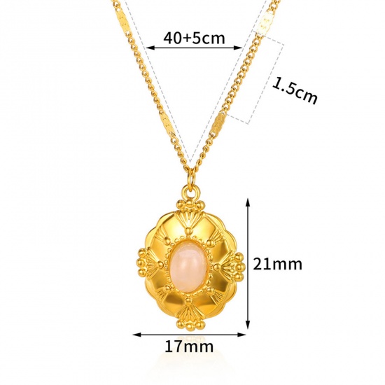 Picture of 1 Piece Vacuum Plating Simple & Casual Stylish 18K Gold Plated Pink 304 Stainless Steel & Stone Handmade Link Chain Oval Pendant Necklace For Women Party 40cm(15.7") long