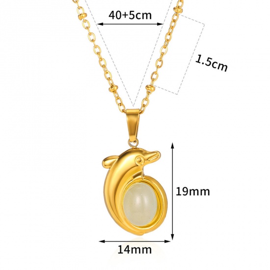 Picture of 1 Piece Vacuum Plating Simple & Casual Ocean Jewelry 18K Gold Plated Translucent 304 Stainless Steel & Stone Ball Chain Dolphin Animal Oval Pendant Necklace For Women Party 40cm(15.7") long