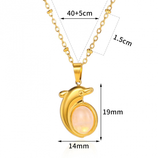 Picture of 1 Piece Vacuum Plating Simple & Casual Ocean Jewelry 18K Gold Plated Pink 304 Stainless Steel & Stone Ball Chain Dolphin Animal Oval Pendant Necklace For Women Party 40cm(15.7") long