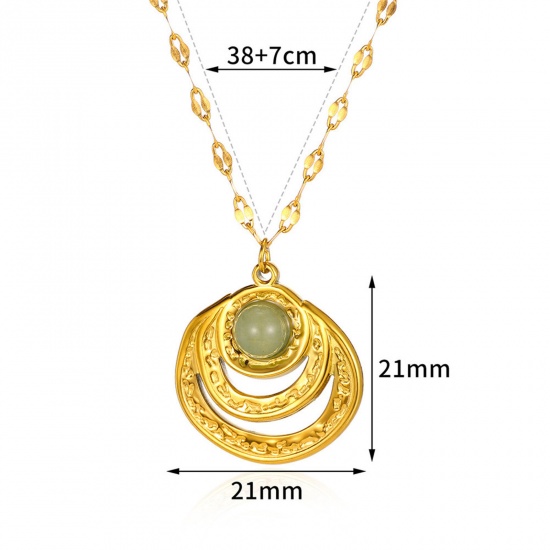 Picture of 1 Piece Vacuum Plating Simple & Casual Stylish 18K Gold Plated Light Green 304 Stainless Steel & Stone Lips Chain Circle Ring Round Pendant Necklace For Women Party 38cm(15") long