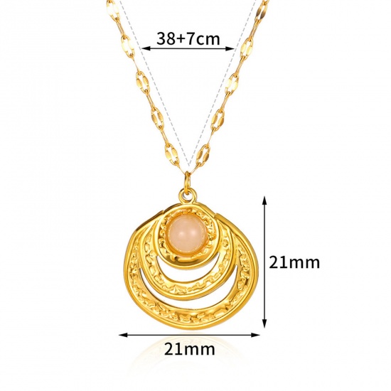 Picture of 1 Piece Vacuum Plating Simple & Casual Stylish 18K Gold Plated Pink 304 Stainless Steel & Stone Lips Chain Circle Ring Round Pendant Necklace For Women Party 38cm(15") long