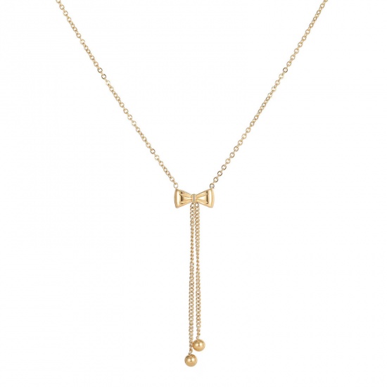 Picture of 1 Piece Hypoallergenic Sweet & Cute Ins Style 14K Real Gold Plated 304 Stainless Steel Link Cable Chain Bowknot Tassel Pendant Necklace For Women Party 40cm(15.7") long