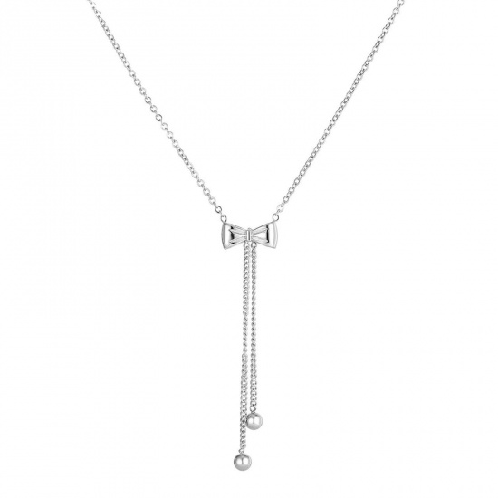 Picture of 1 Piece Hypoallergenic Sweet & Cute Ins Style Real Platinum Plated 304 Stainless Steel Link Cable Chain Bowknot Tassel Pendant Necklace For Women Party 40cm(15.7") long