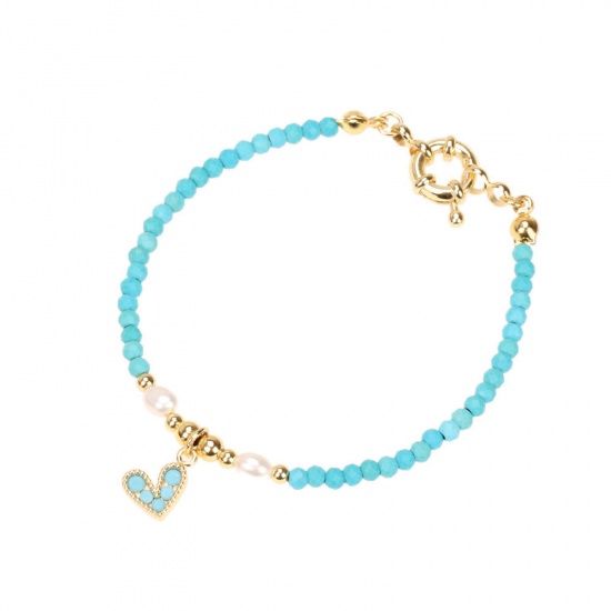 Immagine di 1 Pz Ecologico Dolce & Carino Squisito Placcato Oro 18K Blu Chiaro Perla & Ottone Cuore in Rilievo Braccialetti con Ciondoli Per Donne Festa 16cm Lunghezza