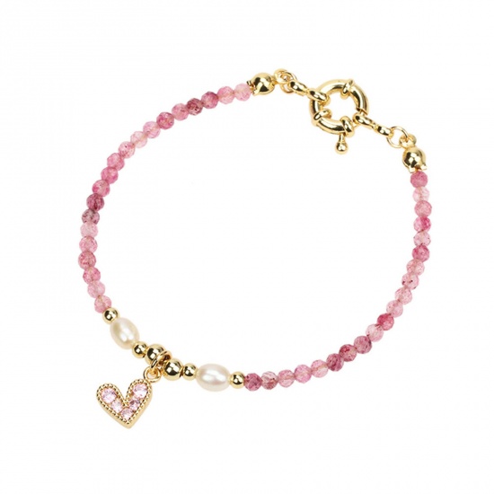 Immagine di 1 Pz Ecologico Dolce & Carino Squisito Placcato Oro 18K Rosa Perla & Ottone Cuore in Rilievo Braccialetti con Ciondoli Per Donne Festa 16cm Lunghezza