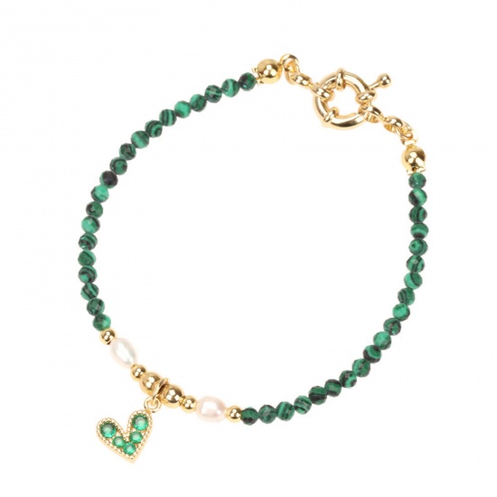 Immagine di 1 Pz Ecologico Dolce & Carino Squisito Placcato Oro 18K Verde Perla & Ottone Cuore in Rilievo Braccialetti con Ciondoli Per Donne Festa 16cm Lunghezza