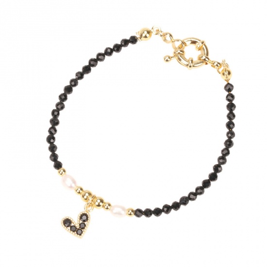 Immagine di 1 Pz Ecologico Dolce & Carino Squisito Placcato Oro 18K Nero Perla & Ottone Cuore in Rilievo Braccialetti con Ciondoli Per Donne Festa 16cm Lunghezza