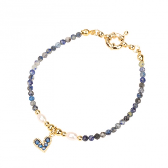 Immagine di 1 Pz Ecologico Dolce & Carino Squisito Placcato Oro 18K Blu Perla & Ottone Cuore in Rilievo Braccialetti con Ciondoli Per Donne Festa 16cm Lunghezza