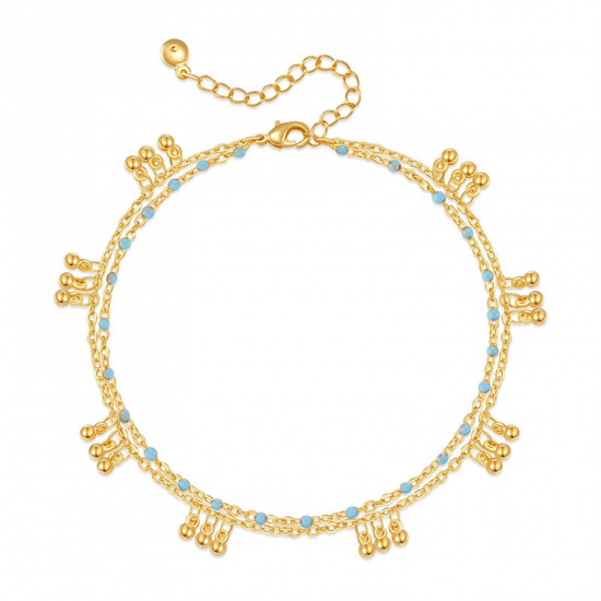 Immagine di 1 Pz Ecologico Boemia Spiaggia 18K Vero Oro Placcato Ottone Catena a Pallini Nappine Cavigliera Multistrato A Strati Per Donne 21cm Lunghezza