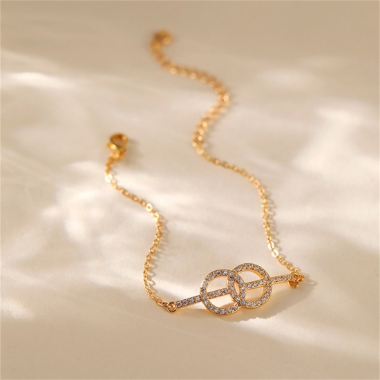 Immagine di 1 Pz Ecologico Elegante Squisito 18K Vero Oro Placcato Ottone & Strass Cavo Catena Anello Micro Spianare Braccialetti Per Donne Festa 16cm Lunghezza