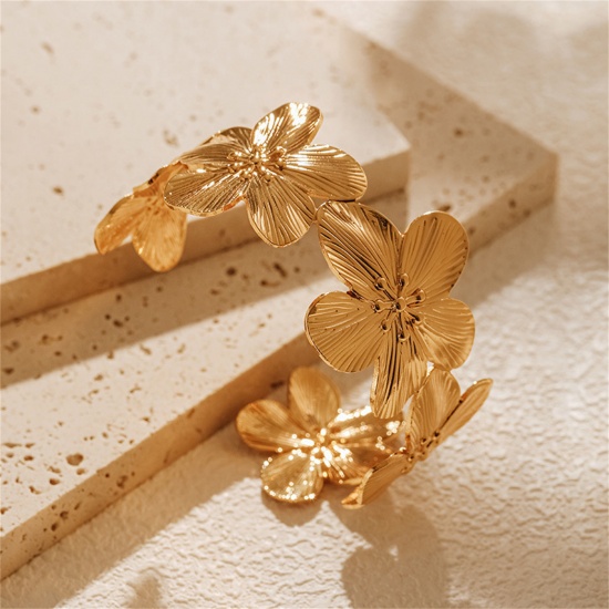 Picture of 1 Piece Eco-friendly Stylish Retro 18K Real Gold Plated Brass Flower Metal Strips For DIY Cuff Bracelet Bangle Making Jewelry Findings For Women Party 6cm Dia.