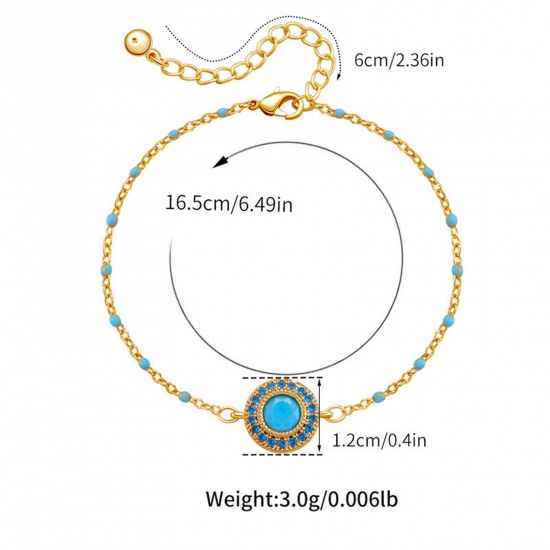 Immagine di 1 Pz Ecologico Stile Etnico Stile Bohemien 18K Vero Oro Placcato Blu Pietra & Ottone Cavo Catena Tondo Con Cabochon di Gemma Sintetica Braccialetti Per Donne Festa 16cm Lunghezza