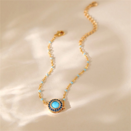 Immagine di 1 Pz Ecologico Stile Etnico Stile Bohemien 18K Vero Oro Placcato Blu Pietra & Ottone Cavo Catena Tondo Con Cabochon di Gemma Sintetica Braccialetti Per Donne Festa 16cm Lunghezza