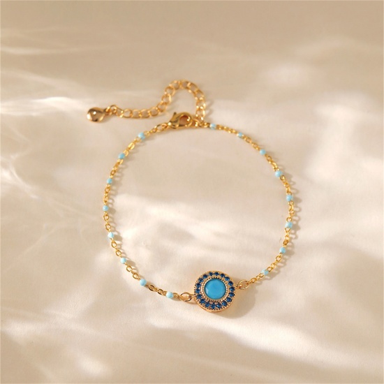 Immagine di 1 Pz Ecologico Stile Etnico Stile Bohemien 18K Vero Oro Placcato Blu Pietra & Ottone Cavo Catena Tondo Con Cabochon di Gemma Sintetica Braccialetti Per Donne Festa 16cm Lunghezza