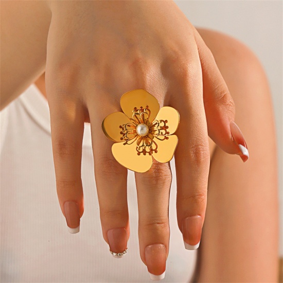 Picture of 1 Piece Vacuum Plating Sweet & Cute Exquisite 18K Gold Plated 304 Stainless Steel Open Flower Rings For Women Engagement 17mm(US Size 6.5)