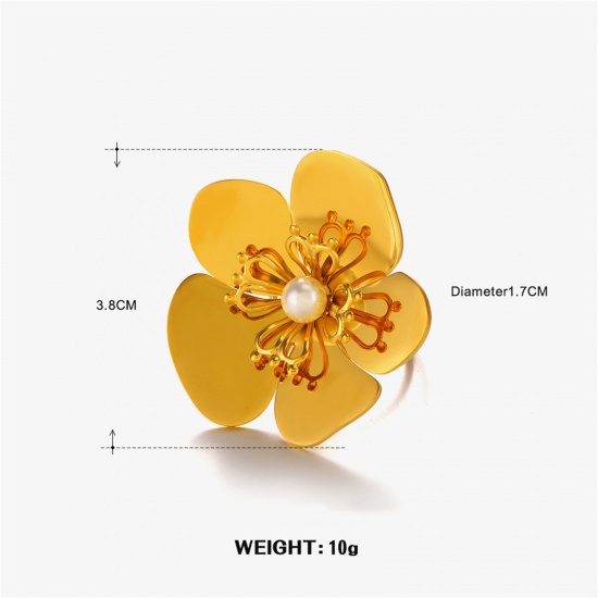 Picture of 1 Piece Vacuum Plating Sweet & Cute Exquisite 18K Gold Plated 304 Stainless Steel Open Flower Rings For Women Engagement 17mm(US Size 6.5)