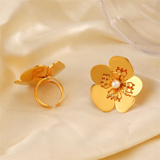 Picture of 1 Piece Vacuum Plating Sweet & Cute Exquisite 18K Gold Plated 304 Stainless Steel Open Flower Rings For Women Engagement 17mm(US Size 6.5)