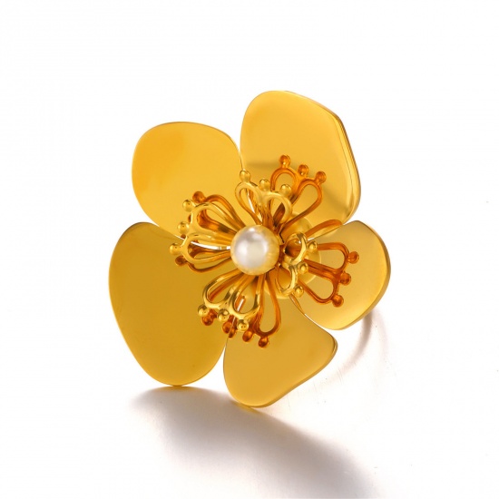 Picture of 1 Piece Vacuum Plating Sweet & Cute Exquisite 18K Gold Plated 304 Stainless Steel Open Flower Rings For Women Engagement 17mm(US Size 6.5)