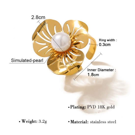 Picture of 1 Piece Eco-friendly Vacuum Plating Sweet & Cute Exquisite 18K Real Gold Plated 304 Stainless Steel Open Flower Hollow Rings For Women Engagement 18mm(US Size 7.75)