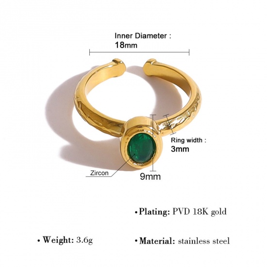 Bild von 1 Stück Umweltfreundliche Vakuumbeschichtung Elegant Monatsstein 18K Echtgold plattiert Grün 304 Edelstahl & Zirkon Offen Oval Ring Für Frauen Geburtstag 18mm (US Größe 7.75)