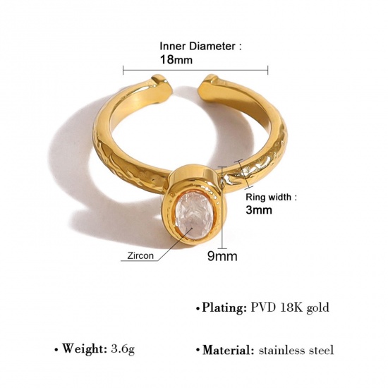 Bild von 1 Stück Umweltfreundliche Vakuumbeschichtung Elegant Monatsstein 18K Echtgold plattiert Transparent 304 Edelstahl & Zirkon Offen Oval Ring Für Frauen Geburtstag 18mm (US Größe 7.75)