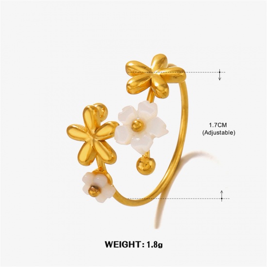 Picture of 1 Piece Vacuum Plating Sweet & Cute Exquisite 18K Gold Plated 304 Stainless Steel & Shell Open Flower Rings For Women Engagement 17mm(US Size 6.5)