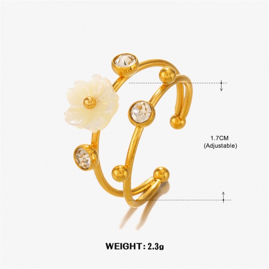 Picture of 1 Piece Vacuum Plating Sweet & Cute Exquisite 18K Gold Plated 304 Stainless Steel & Rhinestone Open Flower Rings For Women Engagement 17mm(US Size 6.5)