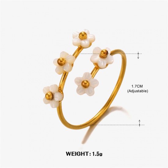 Picture of 1 Piece Vacuum Plating Sweet & Cute Exquisite 18K Gold Plated 304 Stainless Steel & Shell Open Flower Rings For Women Engagement 17mm(US Size 6.5)