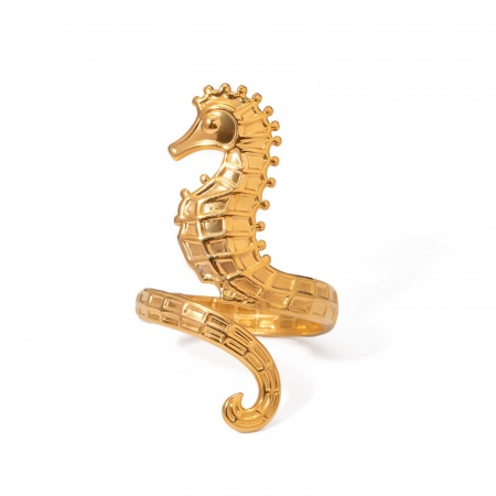 Bild von Großhandel Frauen Geschenk Seepferdchen Offen Wickelringe, 18K Echtgold plattiert 304 Edelstahl, Umweltfreundliche Vakuumbeschichtung Ozean Schmuck Stilvoll Schmuckbedarf, 17mm (US Größe 6.5), 1 Stück