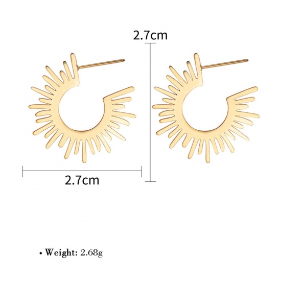 Picture of 1 Pair Stylish 18K Real Gold Plated 304 Stainless Steel Sun Rays Ear Post Stud Earrings For Women 27mm x 27mm