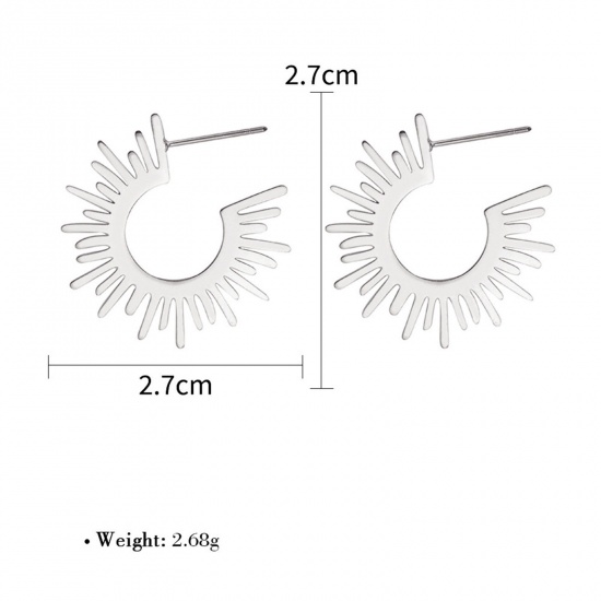 Picture of 1 Pair Stylish Silver Tone 304 Stainless Steel Sun Rays Ear Post Stud Earrings For Women 27mm x 27mm