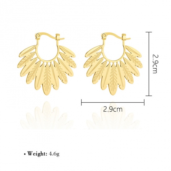 Picture of 1 Pair Stylish 18K Real Gold Plated 304 Stainless Steel Fan-shaped Sun Rays Ear Post Stud Earrings For Women 29mm x 29mm