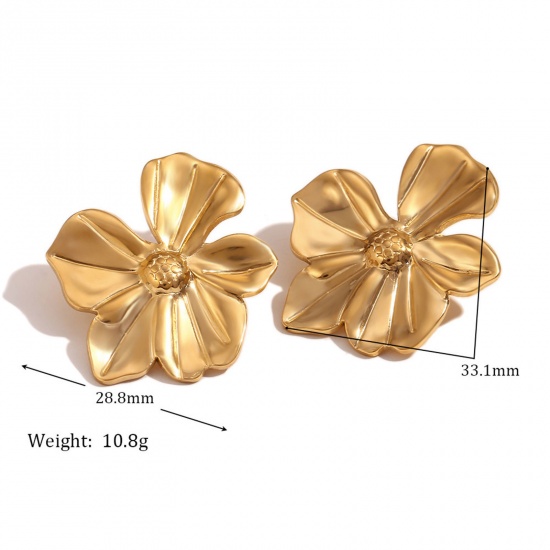 Immagine di 1 Paio Ecologico Elegante 18K Vero Oro Placcato 316L Acciaio inossidabile Fiore Orecchini a Perno Per Donne 3.3cm x 2.9cm