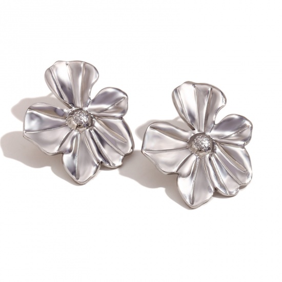 Immagine di 1 Paio Ecologico Elegante Vero Platino Placcato 316L Acciaio inossidabile Fiore Orecchini a Perno Per Donne 3.3cm x 2.9cm