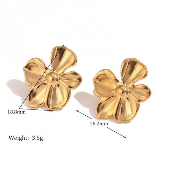 Immagine di 1 Paio Ecologico Elegante 18K Vero Oro Placcato 316L Acciaio inossidabile Fiore Orecchini a Perno Per Donne 19mm x 16mm