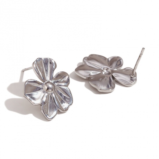 Immagine di 1 Paio Ecologico Elegante Vero Platino Placcato 316L Acciaio inossidabile Fiore Orecchini a Perno Per Donne 19mm x 16mm