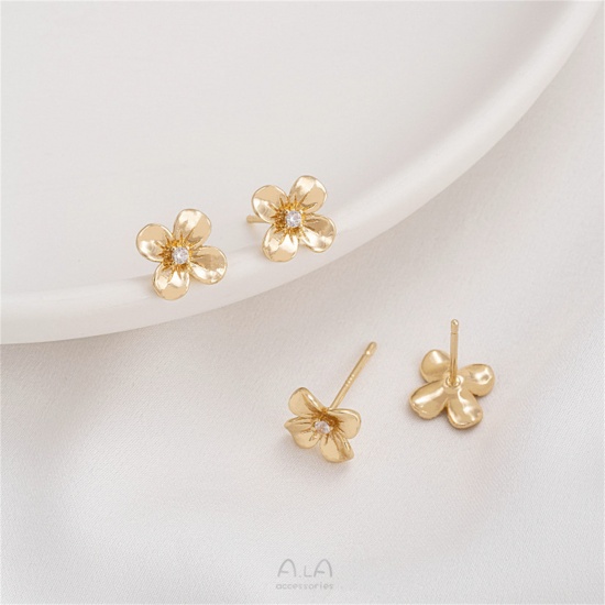 Immagine di 1 Paio Ecologico Elegante 14K Vero Oro Placcato Ottone & Argento Sterling Fiore Orecchini a Perno Per Donne 10mm