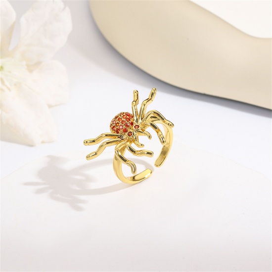 Picture of 1 Piece Retro Halloween 18K Gold Plated Brass Open Adjustable Halloween Spider Animal Micro Pave Rings Unisex 17mm(US Size 6.5)