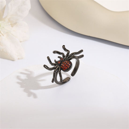 Picture of 1 Piece Retro Halloween Black Brass Open Adjustable Halloween Spider Animal Micro Pave Rings Unisex 17mm(US Size 6.5)