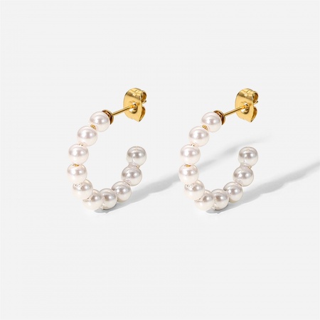 Picture of Eco-friendly PVD Vacuum Plating Stylish Ins Style 18K Real Gold Plated Stainless Steel C Shaped Imitation Pearl Hoop Earrings For Women